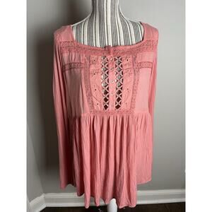 Free People Ribbed w-lace peplum style peach pullover top Boho/Peaseant MEDIUM